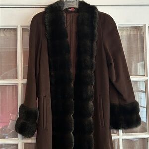 VTG ‘70’s Alorna Forstmann LONG Brown Wool Coat Faux Fur Trim Collar Cuffs L/XL